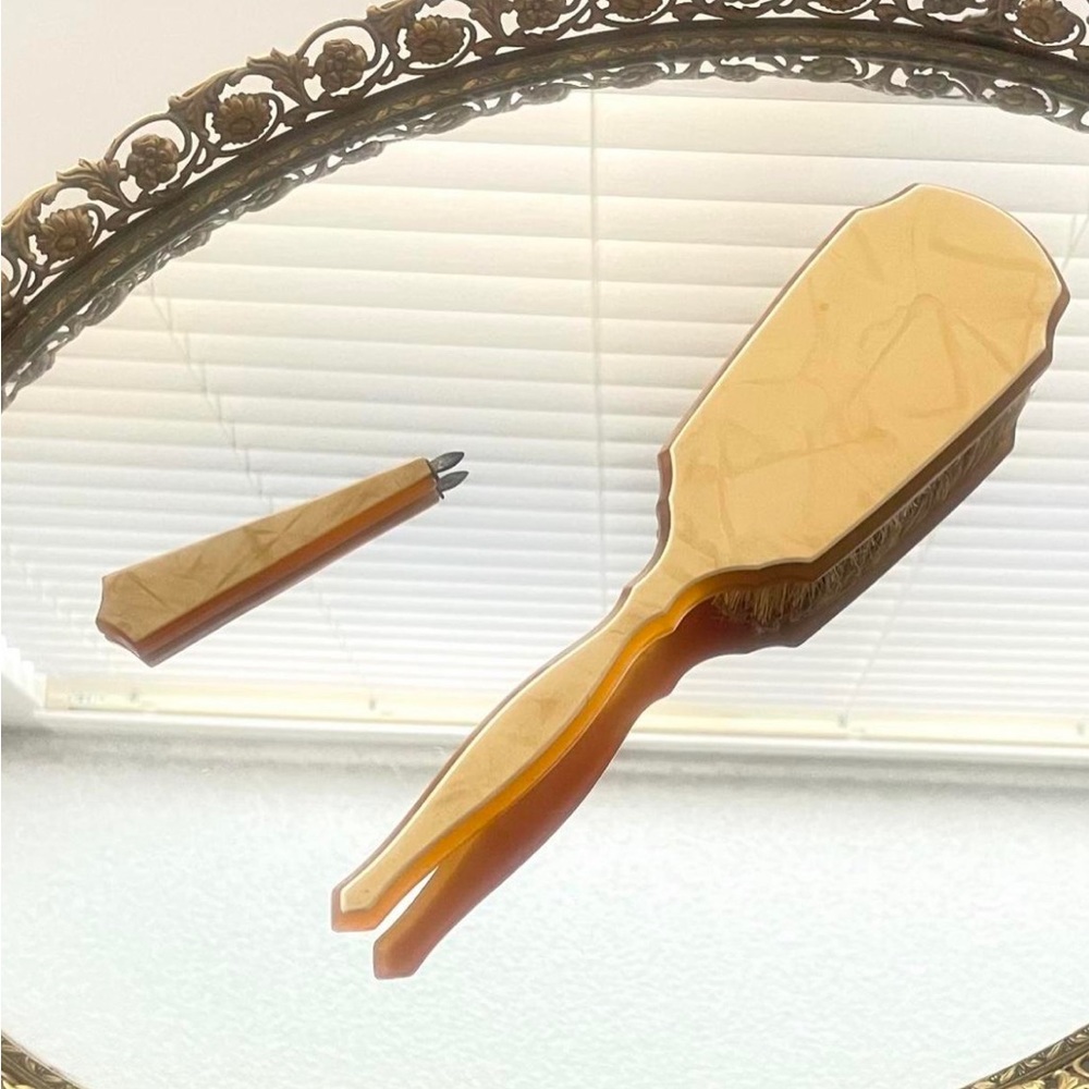 Antique Art Deco Cream Celluloid Handheld Vanity Set Hair Brush & Tweezers